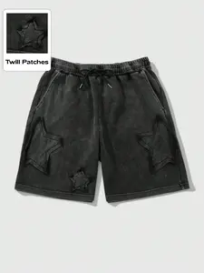 American Streetwear Casual Athleisure Street Summer New Washed Black Star Patch Loose Straight Leg Drawstring Casual Comfy Shorts