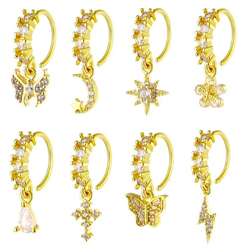 Women's Stainless Steel Nose Rings Set, Artificial Zircon Floral Flower Design Body Jewellery, Elegant All-Season Accessory for Women & Girls