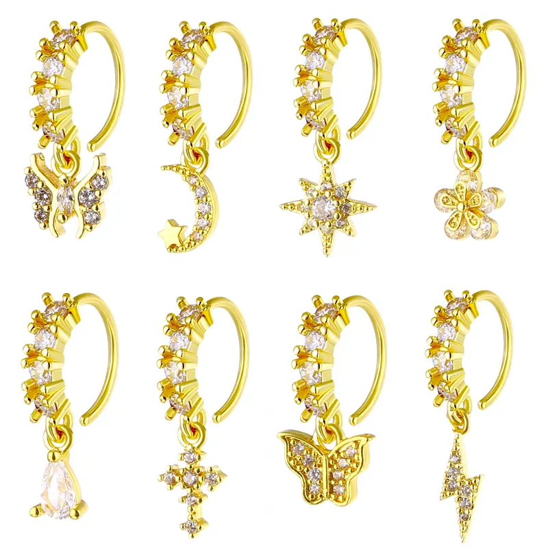 Women's Stainless Steel Nose Rings Set, Artificial Zircon Floral Flower Design Body Jewellery, Elegant All-Season Accessory for Women & Girls