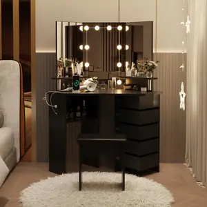 Vanity Desk with Lights & Power Outlet | Corner Table with 3-Color Lighting, 5 Rotating Drawers,Adjustable Brightness,Shelves & Stool for Women,Black, girl