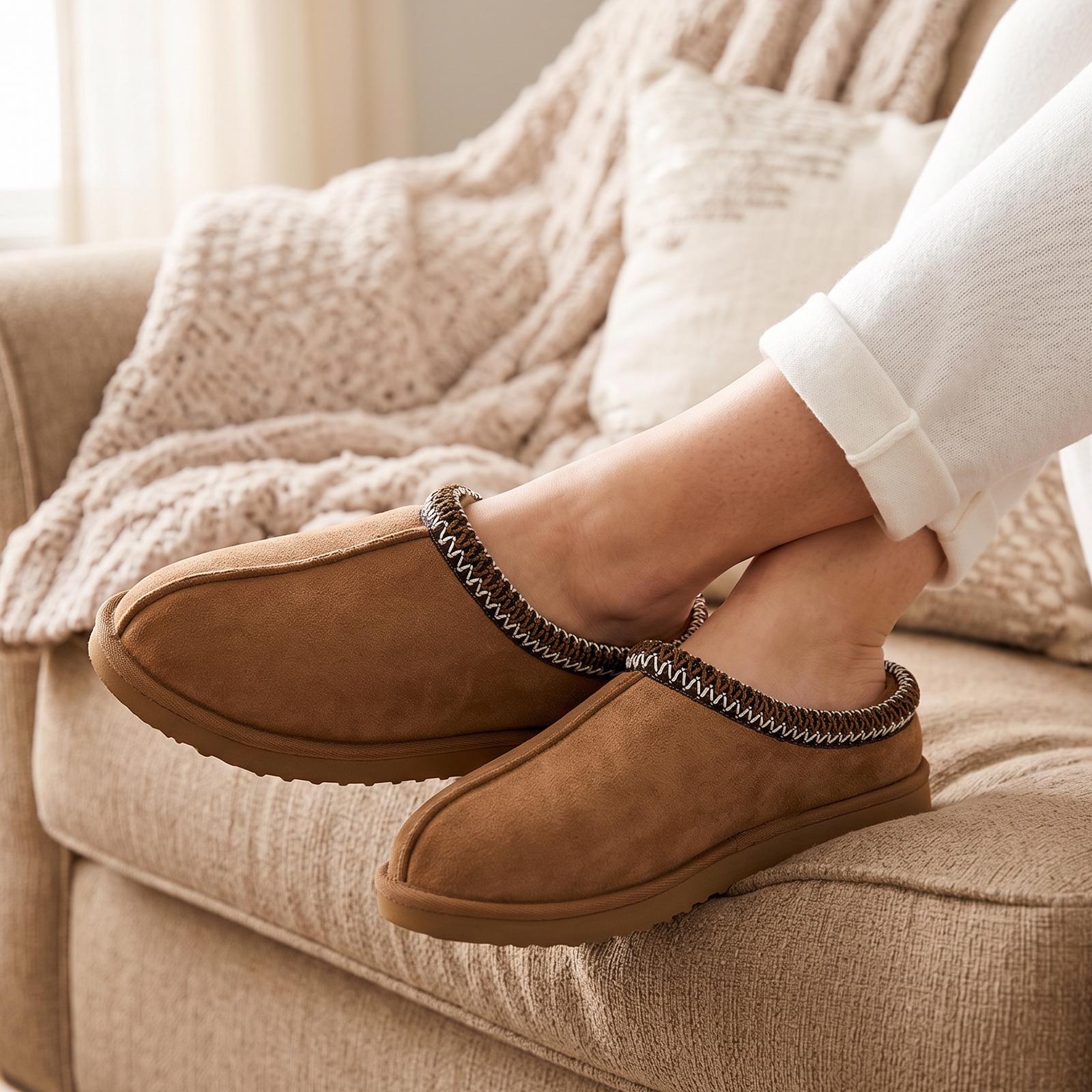 Women's Chestnut Fuzzy Cozy Short Ankle Suedette Slippers with Faux Fur Lining & Ultralight EVA Outsole for Indoor & Outdoor Use