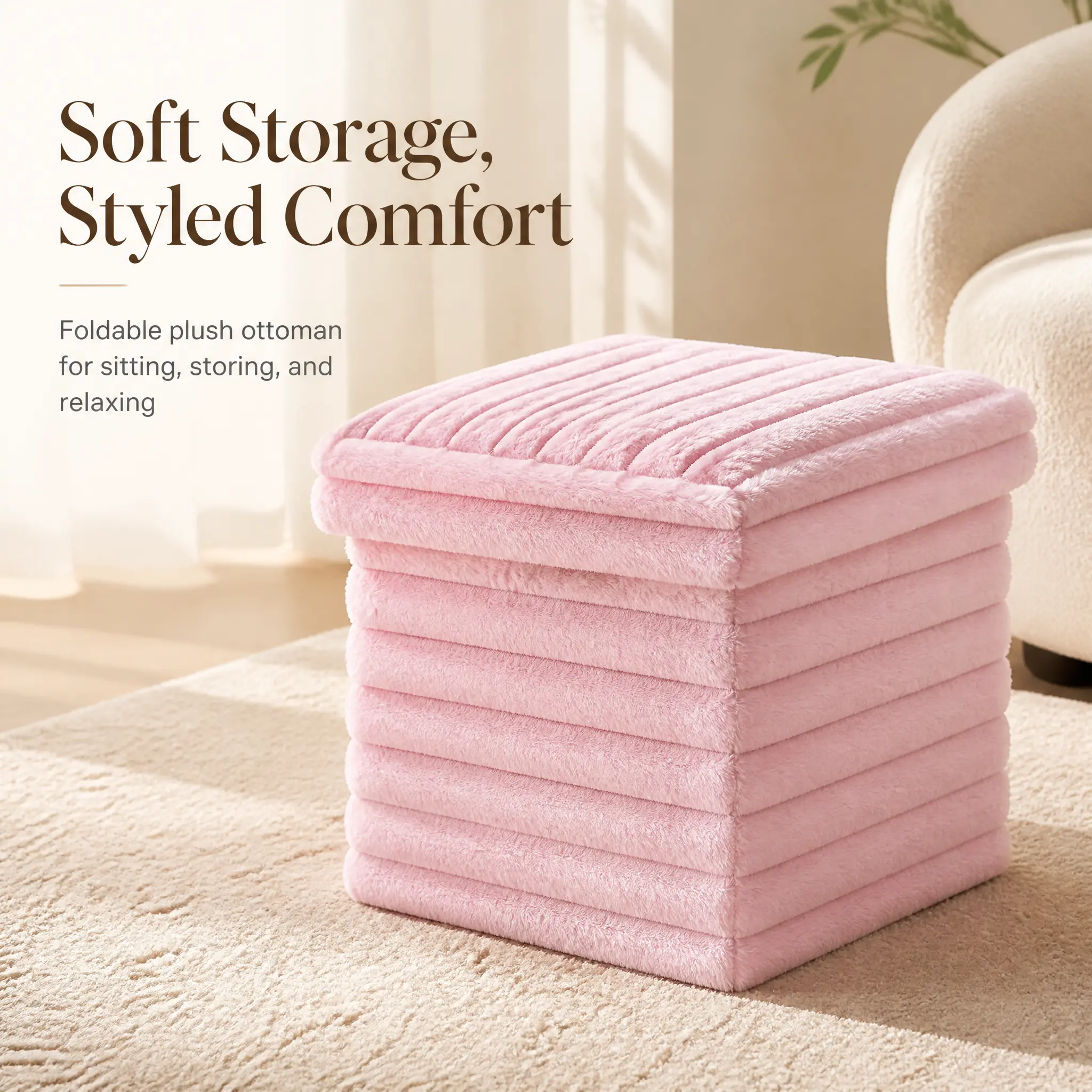 Foldable Faux Fur Storage Ottoman - 200LBS Load Capacity, Multi-Functional Plush Storage Folding Stool for Living Room & Bedroom, Cozy Pink Faux Fur Storage Stool, Must-Have for Small Spaces