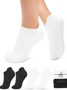 4 Pairs Women's Pilates Socks, Non-Slip Ankle Socks for Yoga, Ballet, Hospital Use, Barefoot Friendly, Sporty Fitted Design