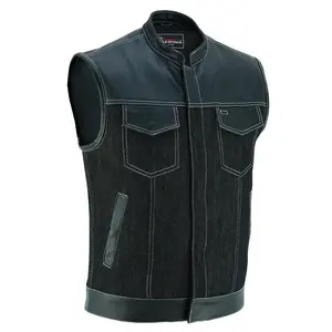 Men's Black Denim & Leather White Stitching Motorcycle Vest with Dual Interior Pockets Club Style Snap & Zipper Closure