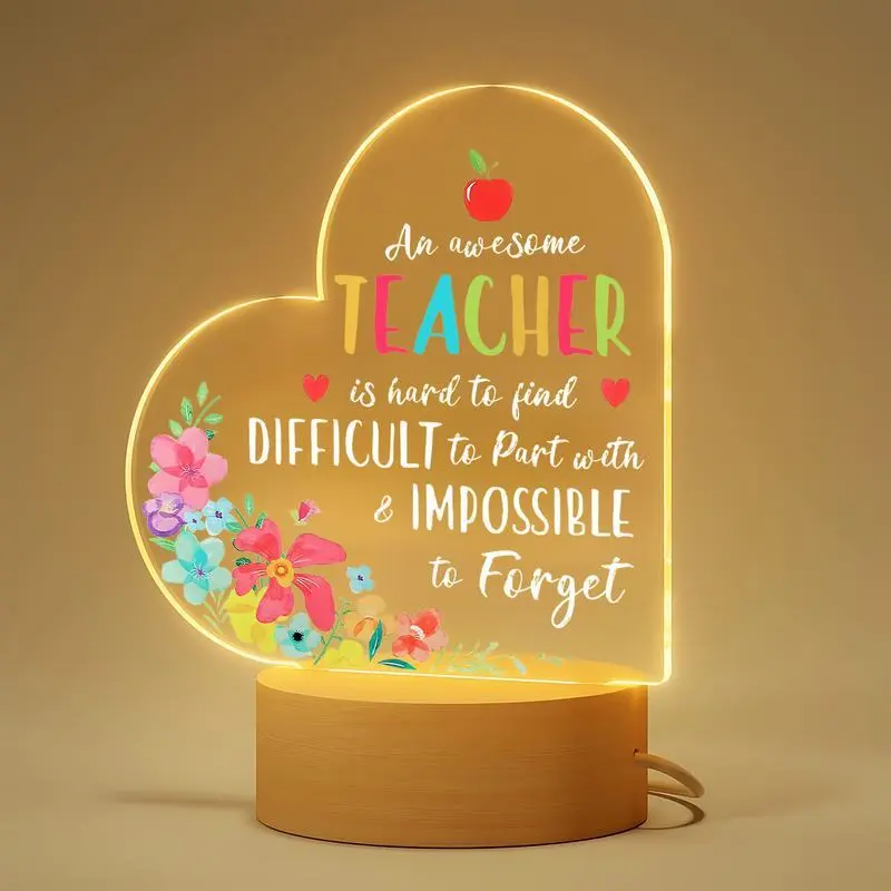 Acrylic Night Light Decorative Mood Lamp Led Home Decor USB Powered Wooden Base Teacher Appreciation Gift, Ideal for Teachers' Day Thanksgiving Christmas Valentine's Day, Led Decoration
