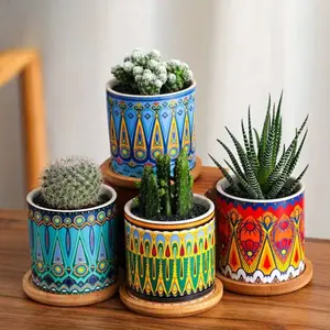4-Pack Modern Ceramic Succulent Planters, Nordic Mandala Pattern, Versatile Indoor & Outdoor Floor Mounted Flower Pots for Home & Garden Decor
