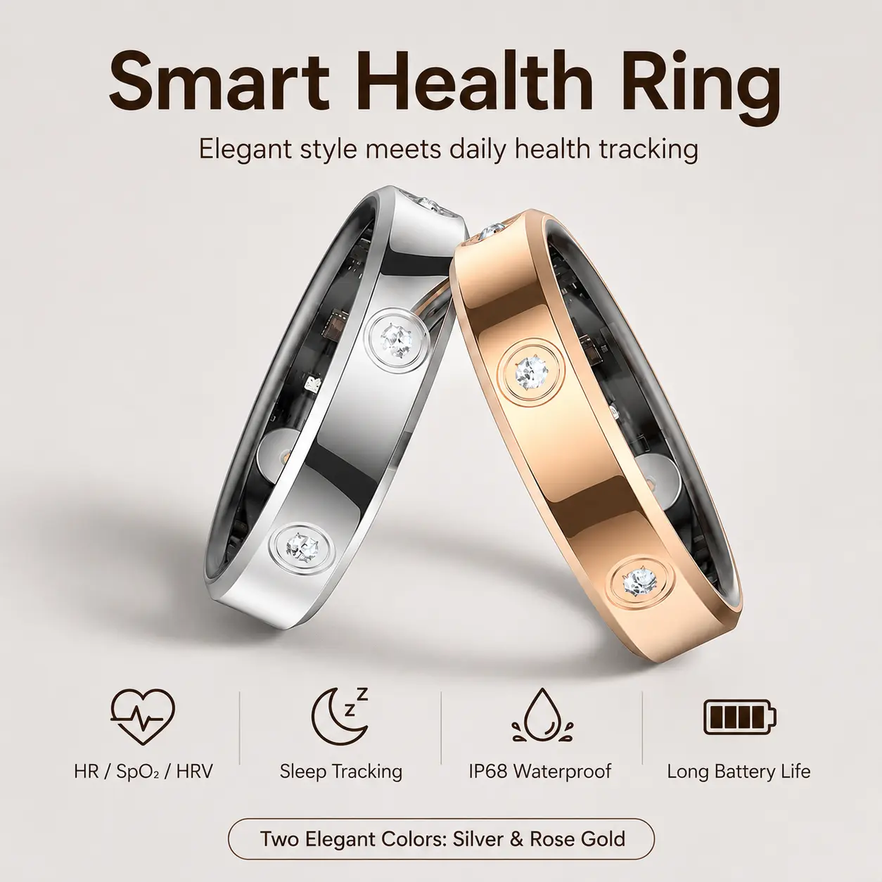 Smart Ring Health Tracker for Women & Men, Stylish Fitness Ring with Heart Rate, Sleep Monitoring, SpO2, HRV, IP68 Waterproof, Android & iOS
