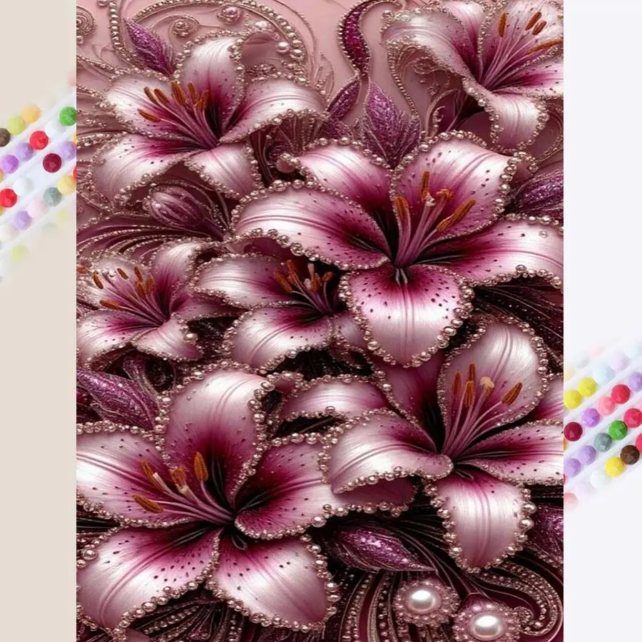 1pcs 5D DIY diamond painting kit, 5D diamond art set, DIY decoration, pink lily diamond painting kit full round drill DIY, mosaic, diamond art, DIY home decor, suitable for Halloween and Christmas, Rhinestone Painting