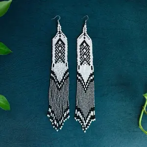Cascadas - Long Native Beaded Earrings in Black and White - Handmade by Huichol Artisans - Mother Sierra