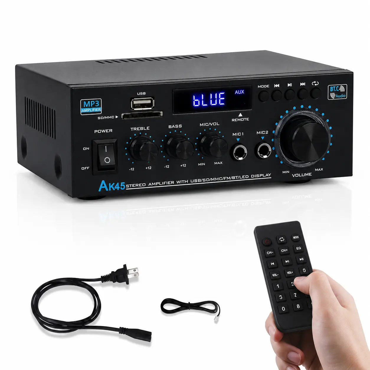 AK45 Audio Amplifier Receiver - Bluetooth 5.0 Hi-Fi Stereo Mini Power Amplifier, RMS 40W x 2, Max Power 400W, with SD, USB, RCA, FM Radio Input Interfaces, Remote Control, Microphone Input Jack, Ideal for Garage Parties and More, Adapter, Streaming, Wirel
