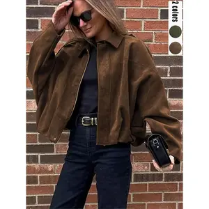 Women's suede jacket | Loose casual pilot jacket, bomb jacket, windproof thick suede velvet, comfortable solid color synthetic leather top, fold collar and zipper design, long sleeved retro style, viral on TikTok