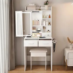 Small Vanity Desk with Mirror and Lights, Makeup Vanity Table with Power Outlet & 2 Drawers & 6 Shelves & Stool,Dressing Table Set for Bedroom, Brightness Adjustable, White