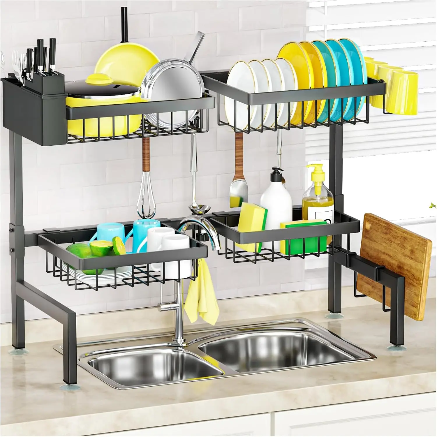 4 Baskets 2-Tier Over The Sink Dish Drying Rack, 26.57"-35", Large Sink Rack for Kitchen, Extensible and Adjustable, Saving Kitchen Space