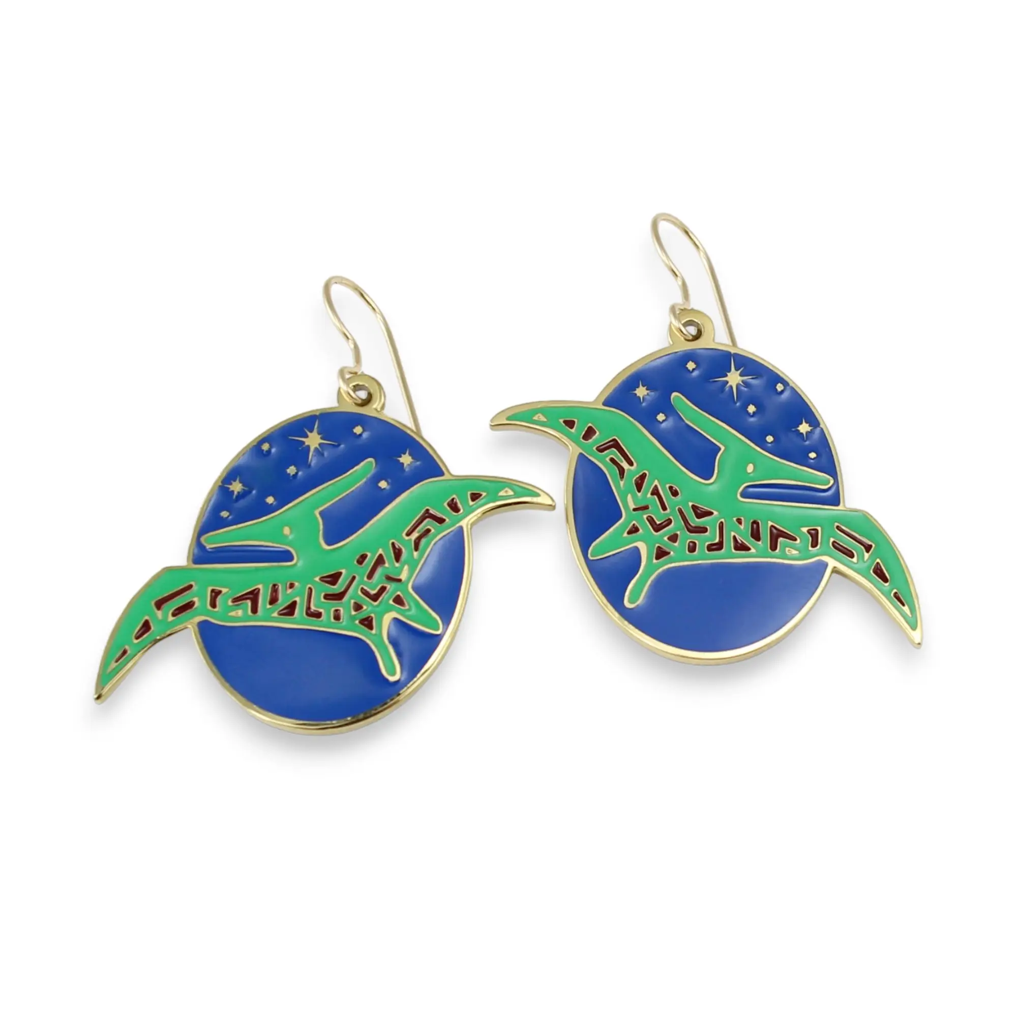 Gold Dinosaur Dangle Earrings - Pterodactyl at Night - Flying Dinosaur Charm Jewelry