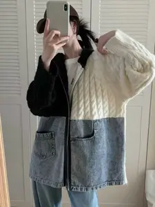 Chic Denim Patchwork Hooded Loose Knit Sweater Jacket, Vintage Distressed Soft Plush Top, Casual Lazy Style Pullover