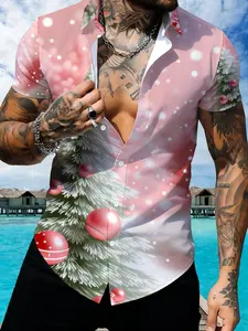 Pink Christmas Tree Printed Short Sleeve Shirt, Unisex Hawaiian Style Casual Shirt, Holiday Party Clothing