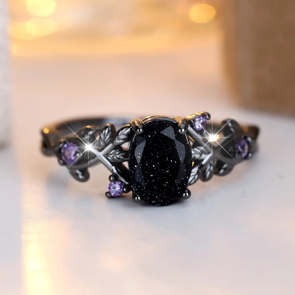 Black Gold Oval Ring for Women with Blue Crystal and Purple Zirconia, Sand-Edged Statement Cocktail Jewelry for Parties, Rings For Women