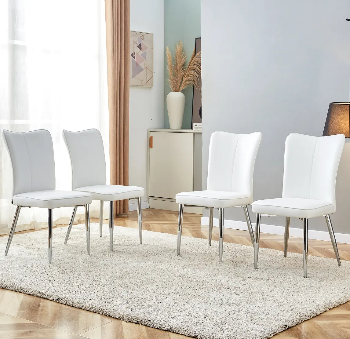 MUUOKY Modern Minimalist Dining Chair - White Leather-Textured Cushioned Seat & Curved Back, White Metal Legs, Comfortable Indoor Chair for Dining Room, Living Room, Dining Room Chairs, Metal Dining Chairs