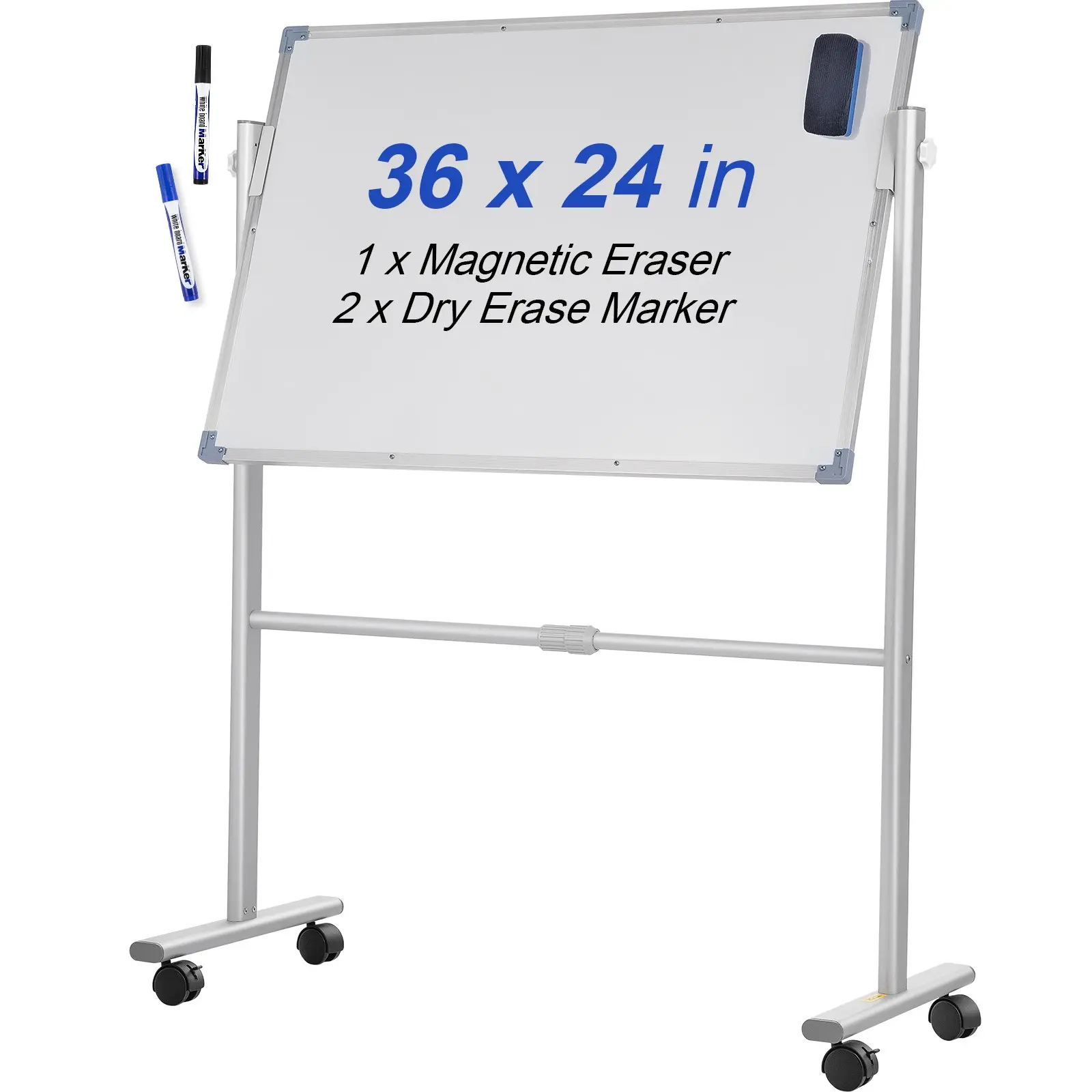 VEVOR Mobile Magnetic Whiteboard, 24x36 in, Double-Sided 360-Rotating Reversible Rolling Dry Erase Board, Height Adjustable (43.3-59.1 cm/55.1-70.9 cm) Aluminum Frame, Lockable Swivel Wheels, 9.9 lbs, for Office Home