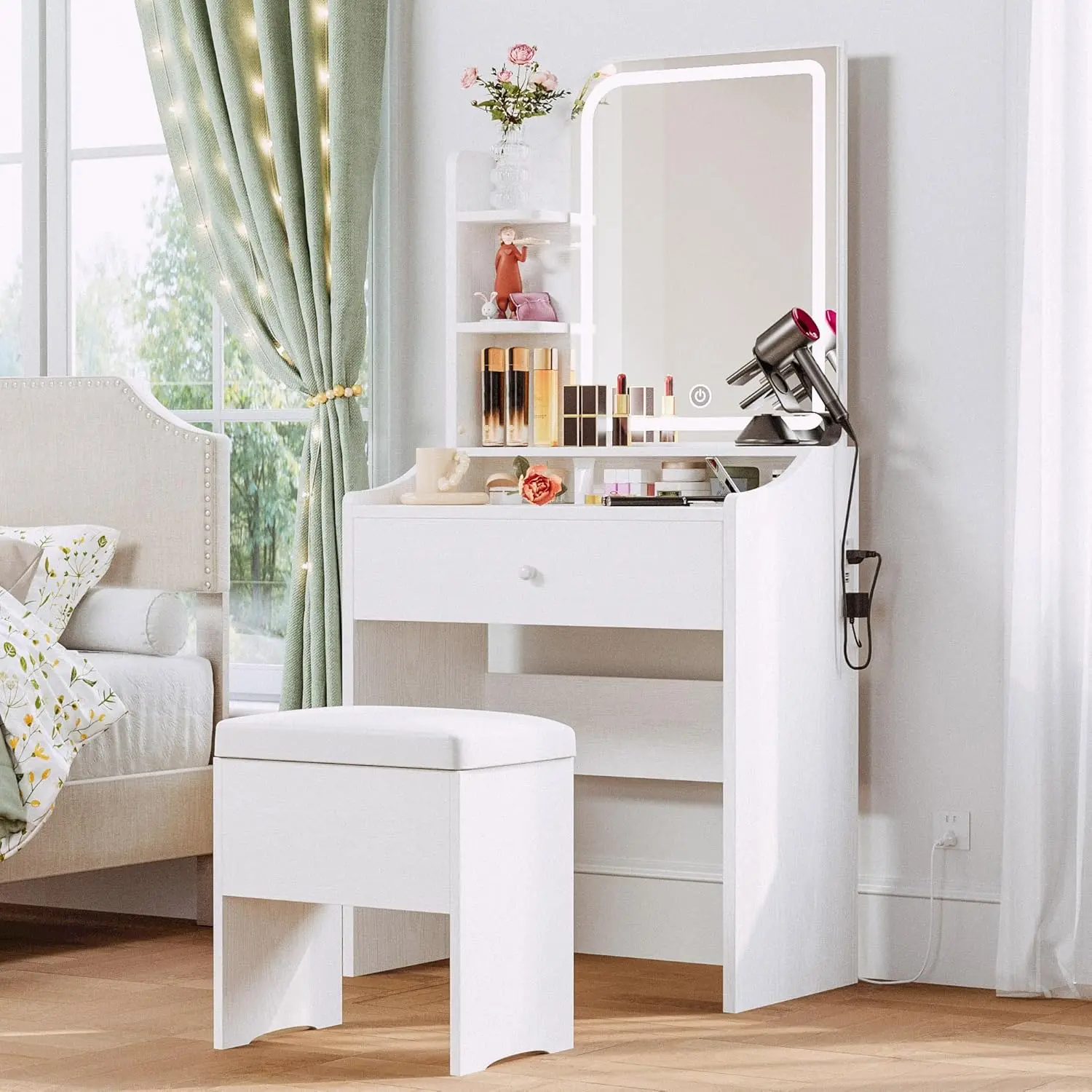White Bedroom Makeup Vanity Set - Exquisite Small Table with Mirror, Lights, 3-Tier Shelves, Storage Drawers and Matching Chair Lighted LED liki mio furniture,dorm essentials,home decor