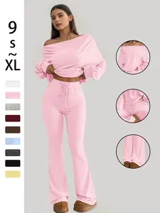 One Shoulder Long Sleeve Loose Crop Top and High Waist Drawstring Skinny Vintage Bell Pants, Yoga Fitness Workout, Sports Set, Spring & Fall Casual Style