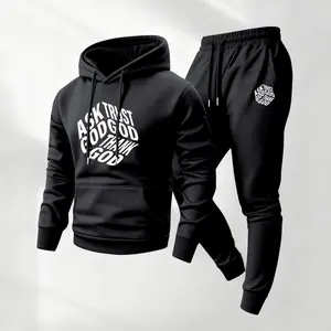 Men's Ask God Print Hoodie and Drawstring Sweatpants Set, Menswear, Casual Athletic Long Sleeve Hooded Jacket & Trousers for Fall & Winter, Men's Clothing for Daily Wear, Sportswear Indoor Outdoor, Tracksuit, Athleisure Summer Clothes