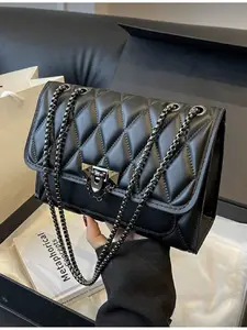 Minimalist Fashion Embossed Diamond Square Bag Lock Closure Flap Opening Metal Chain Strap Quilted Shoulder Bag Crossbody Shoulder Purses for Women Daily Casual Use