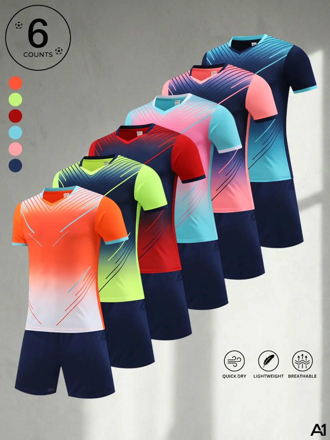 A1 Mens Soccer Football Training Uniforms Set | V-Neck Short Sleeve Jersey & Shorts for Outdoor Sports | Quick Dry Breathable Activewear Kit Sportswear For Summer