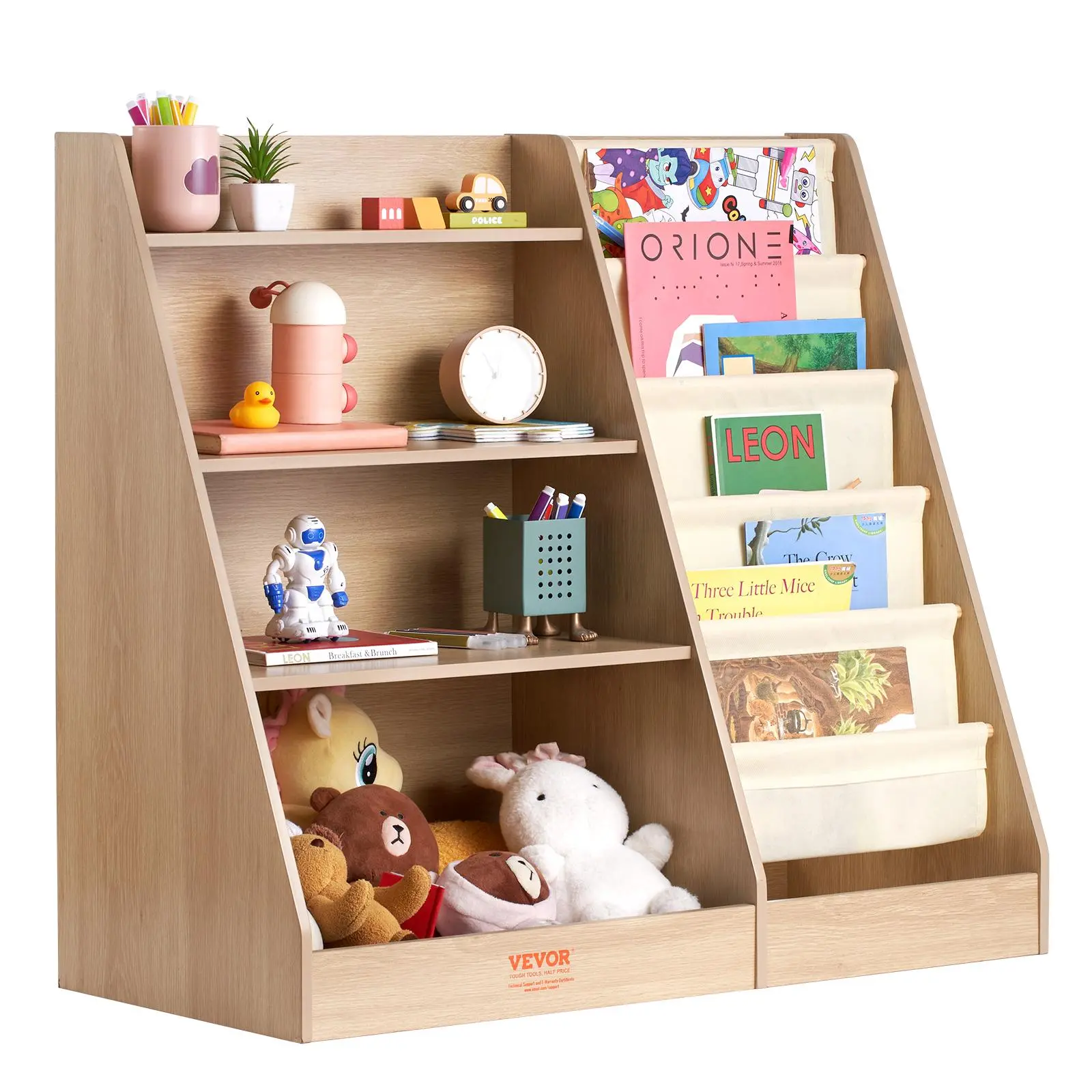 【DealsForYouDays】【fathersdaygift】VEVOR 4-Tier Kids Wooden Bookshelf, Six-Layer Sling Bookcase, Baby Storage Book Rack, Book Toy Organizer Cabinet, for Kids Room, Playroom, Kindergarten, Nursery