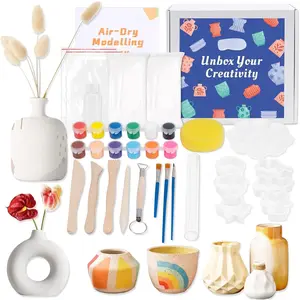 Air Dry Clay Kit for Adults, Pottery Starter Tools for Beginner, DIY Painting Making Set with Clay,Paints,Sculpting Tools,Varnish, Guide, Christmas Birthdays  for Arts Crafts Lover at