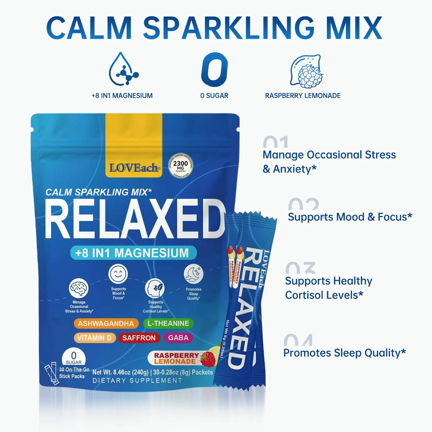 MAGICRELAXED Calming Sparking Mix with 8-in-1 Magnesium complex KSM-66 Ashwagandha Saffron Vitamin D3 GABA L-Theanine Supports Cortisol Balance Mood Sleep 30 Servings No Sugar Non GMO Raspberry Lemonade