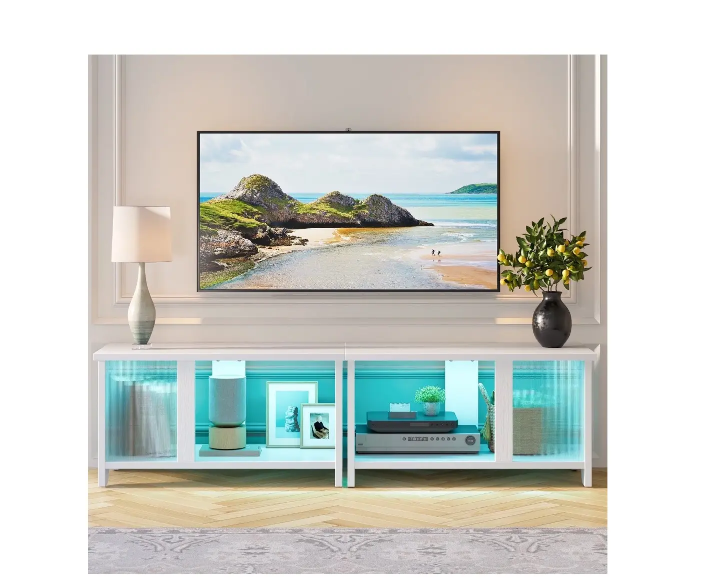 LED TV Stand for TVs up to 65'', Expandable Side by Side or Stacking TV Stand with Storage, White