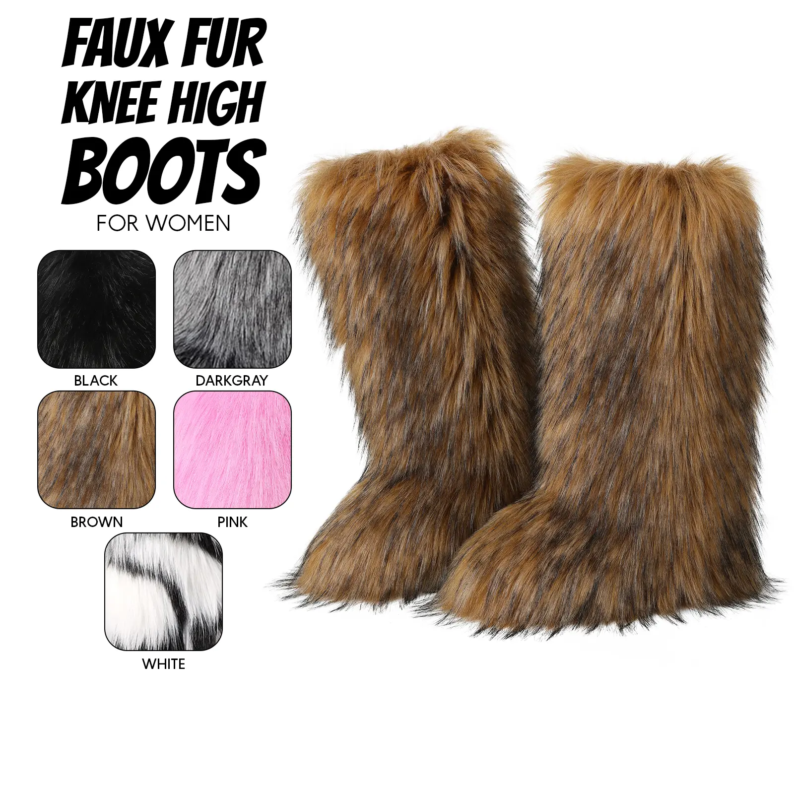 Womens Winter Boots Faux Fur Snow Boots Round Toe Non Slip Fuzzy Fluffy Knee High Warm Cozy Pull On Indoor Outdoor Casual Halloween Concert Fall Fashion Tall Booties Spring Shoes