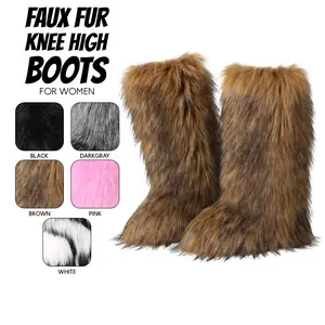 Womens Winter Boots Faux Fur Snow Boots Round Toe Non Slip Fuzzy Fluffy Knee High Warm Cozy Pull On Indoor Outdoor Casual Halloween Concert Fall Fashion Tall Booties Spring Shoes