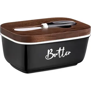 Black Butter Dish with Lid and  for Countertop - Airtight Ceramic Butter Keeper Container with Thick Acacia  Lid for Counter or Fridge - for Farmhouse Kitchen Decor and Accessories