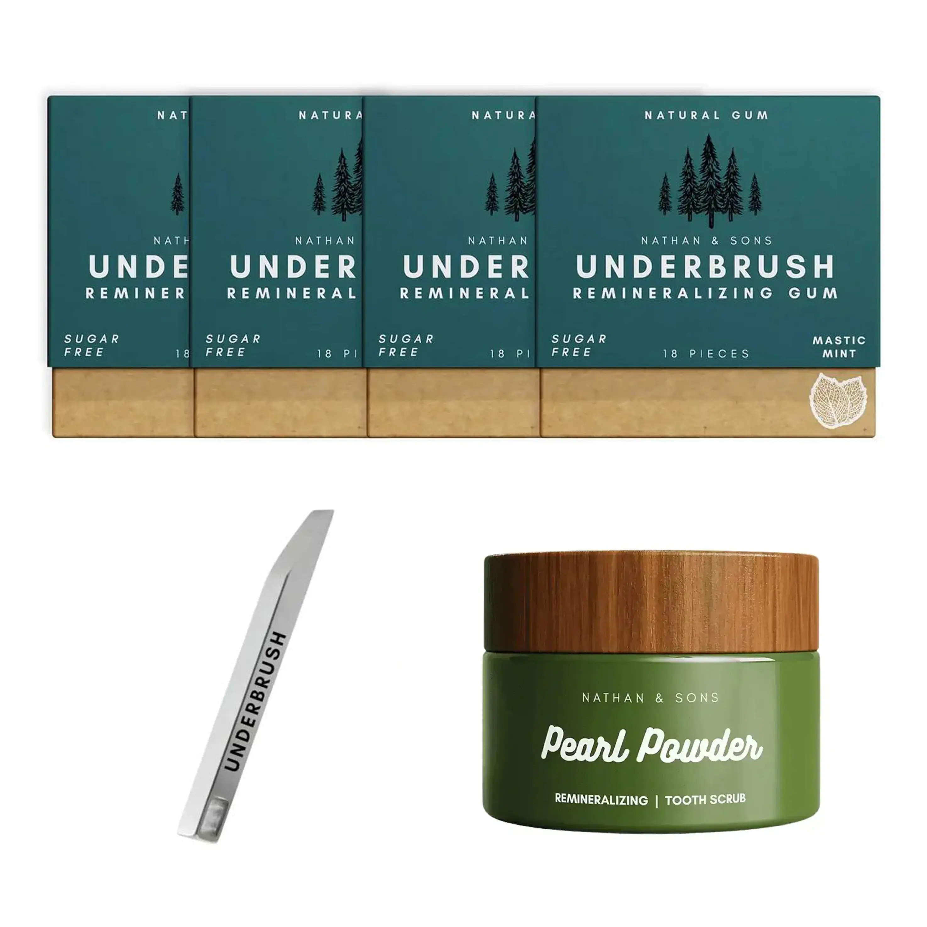 NATHAN & SONS Oral Care Bundle - Underbrush Remineralizing Gum 4-Pack, Mint Flavor, Pearl Powder Tooth Scrub NATHAN & SONS Oral Care Bundle - Underbrush Remineralizing Gum 4-Pack, Mint Flavor, Pearl Powder Tooth Scrub
