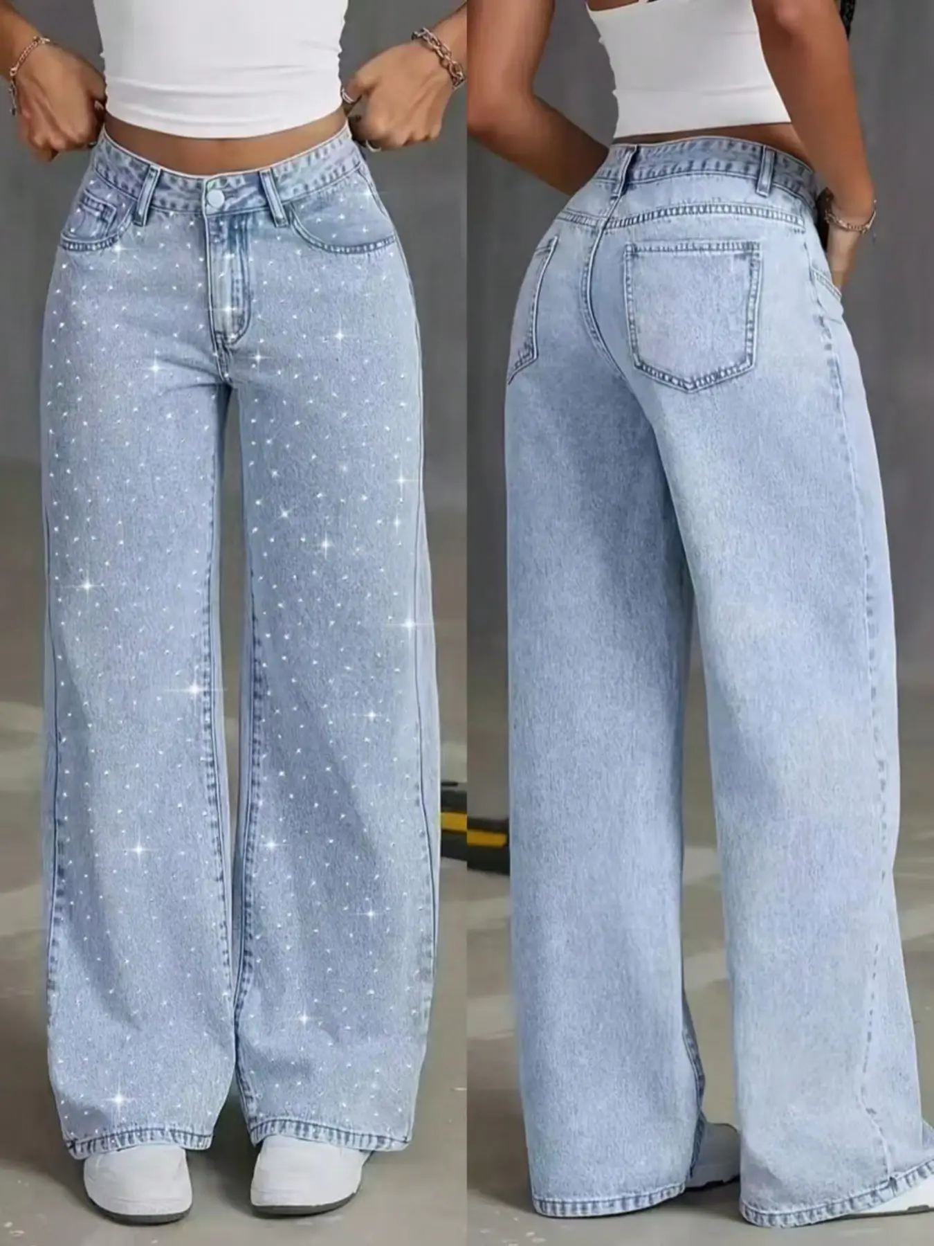 Elastic Fabric Women's Rhinestone Casual Wide Leg Denim Jeans Pants, Stretchy Shiny High Waist Loose Fit Baggy, Perfect for Concerts and Festive Nights, Light Blue, Bottoms
