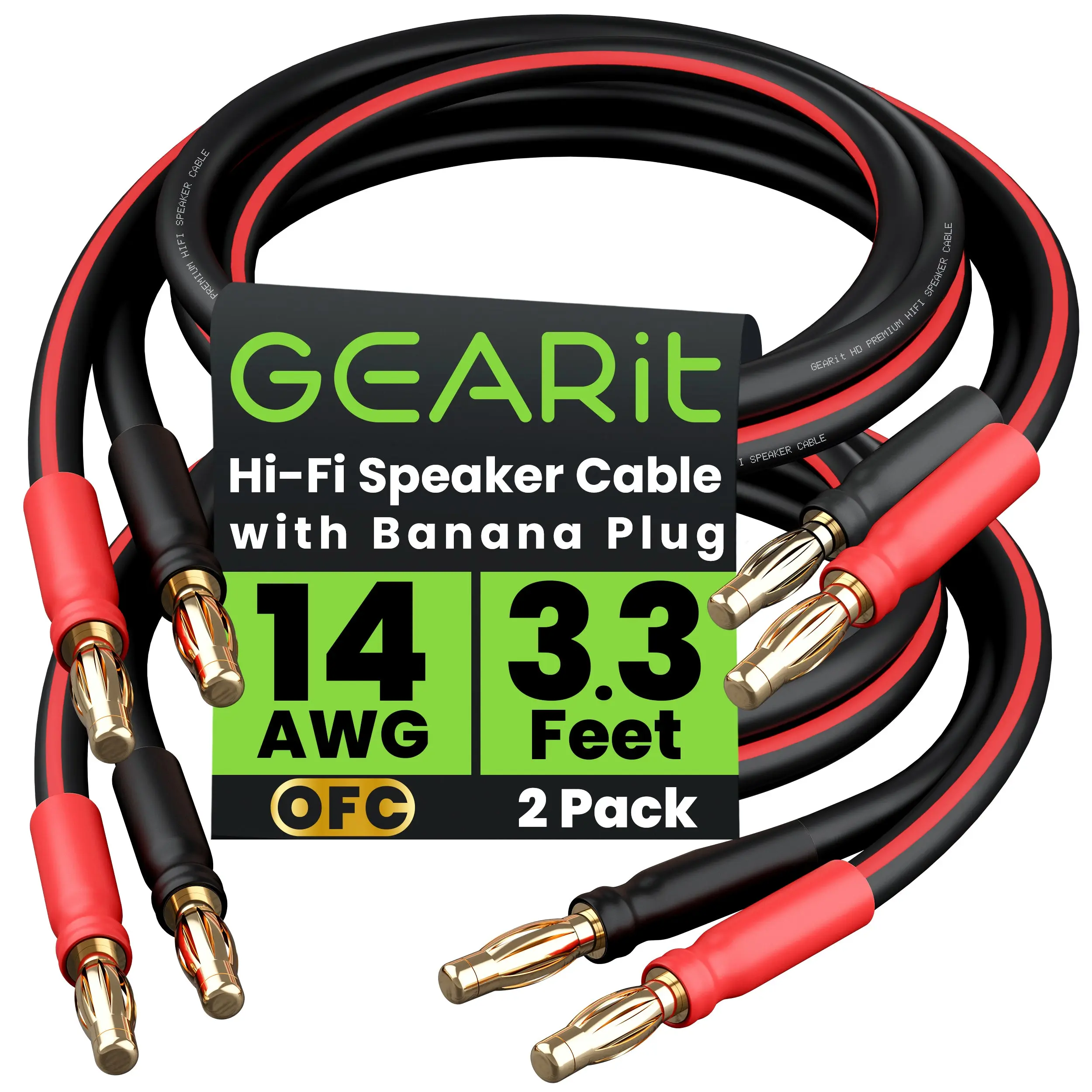 2-Pack 14 AWG Speaker Cable with Banana Plugs Banana Wire for Bi-Wire Bi-Amp HiFi Surround Sound, Black