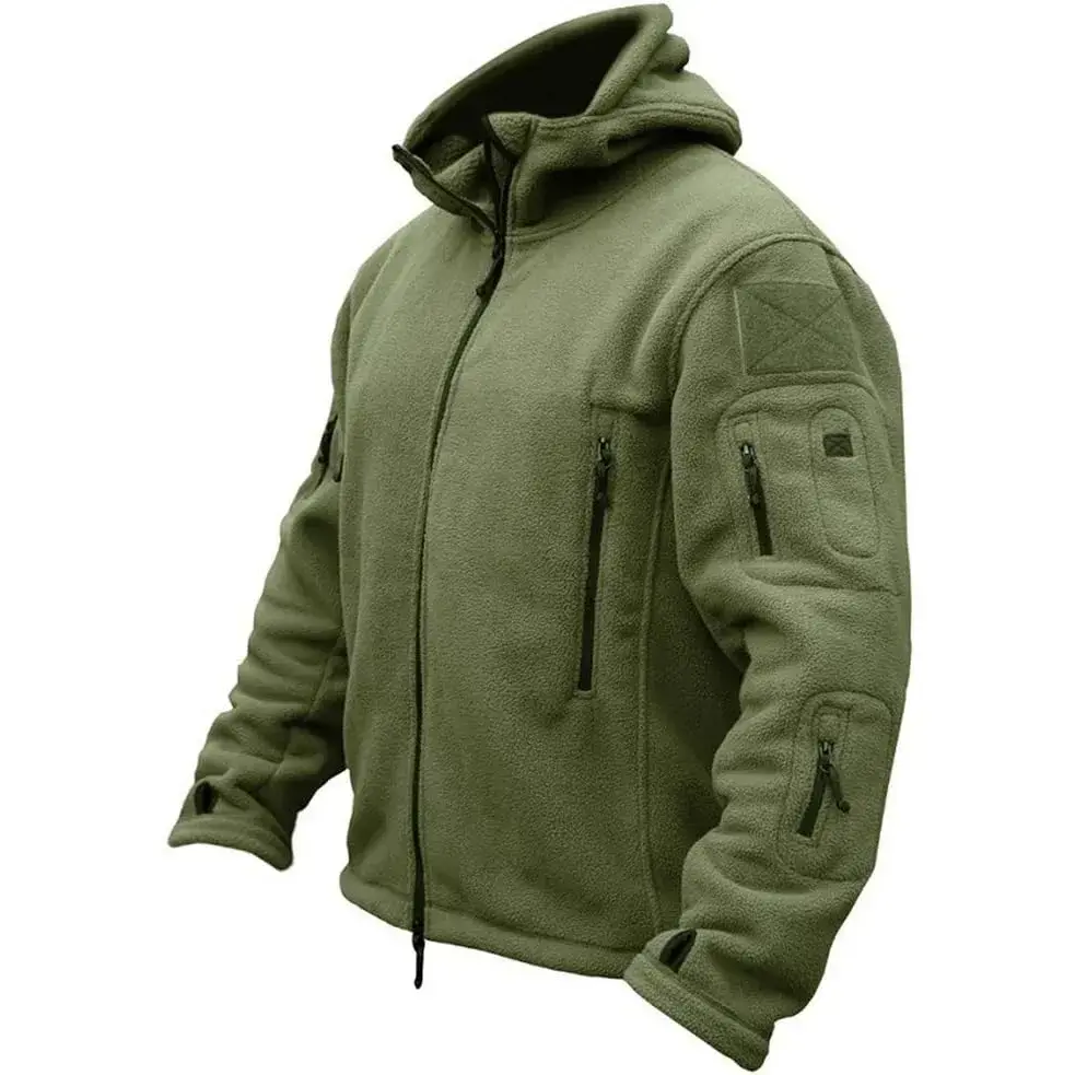 Men's Warm Military Tactical Fleece Hooded Neck Jacket - Long Sleeve, Double Zipper-Closure, 7 Pockets, Multi-Compartment Outdoor Sport Male Tops for Adventure, Climbing, Fashion Casual Outerwear, Menswear