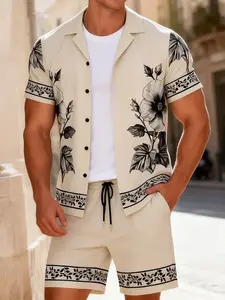 Men's Beige Floral Print 2-Piece Summer Loungewear Set - Homewear - Short Sleeve Camp Collar Button-Up Shirt & Drawstring Shorts, Ultra-Soft Breathable Fabric, Relaxed Fit for At-Home Lounging, Sleeping & Lazy Weekends, Pajama Set