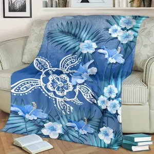Luxury Vintage Hawaiian Sea Turtle & Tropical Floral Bohemian Throw Blanket - Anna Style Blue Geometric Pattern, Soft Flannel All-Season Couch Bedspread For Home Decor, Sea Turtle Decor, Intricate Quilted Design
