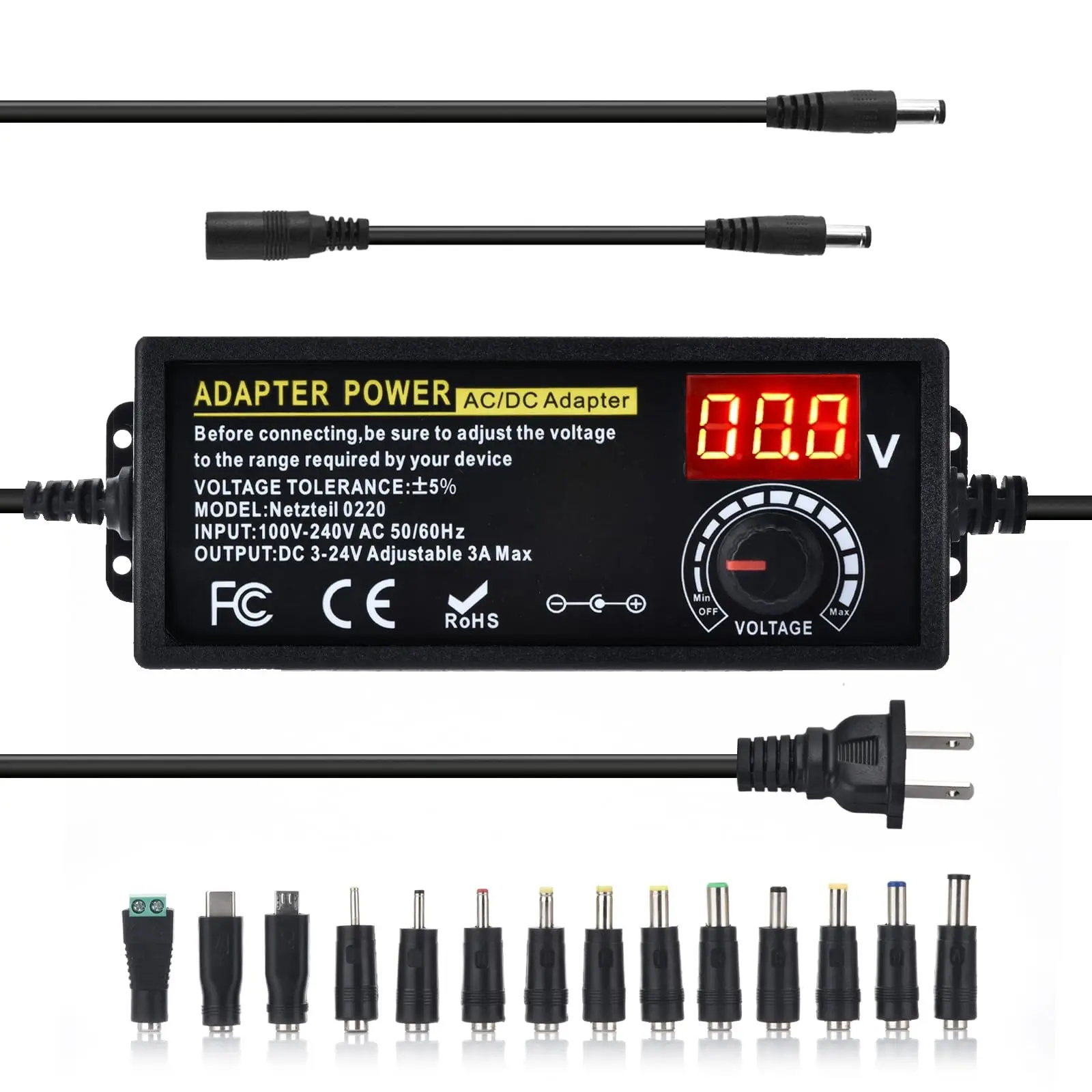 GJANSH Adjustable Universal Power Supply 3V-24V 3A Max (72W), AC to DC Adapter with 14 Tips & Reverse Polarity Cable, LCD Digital Display, Multi-Voltage Plug Converter for Electronics