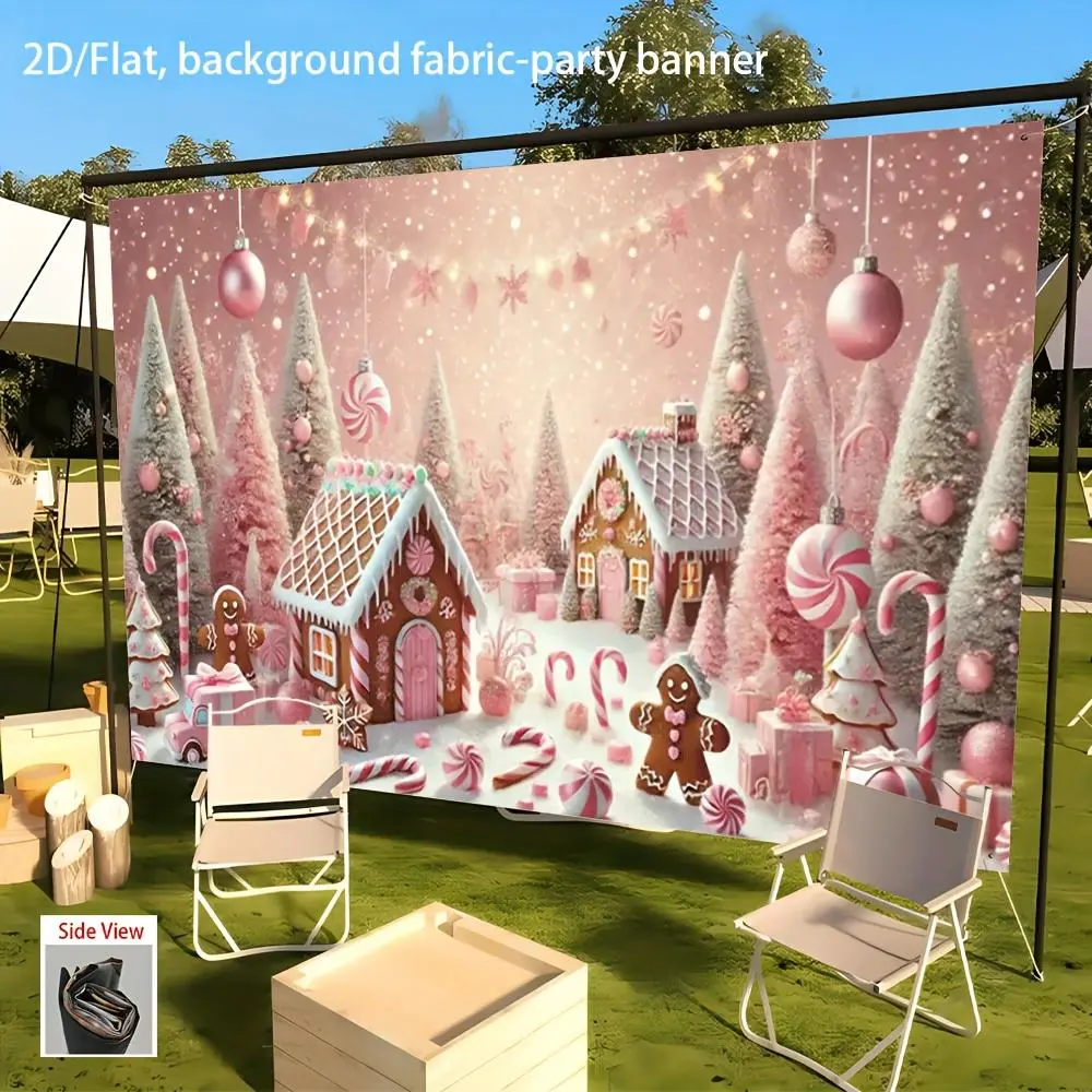 2D Flat Polyester Fabric Christmas Gingerbread Village Backdrop Ornament - Festive Party Decoration Supplies with Snowy Trees, Houses, Candy Print, No-Electricity Photo Banner for Christmas, Birthday Parties