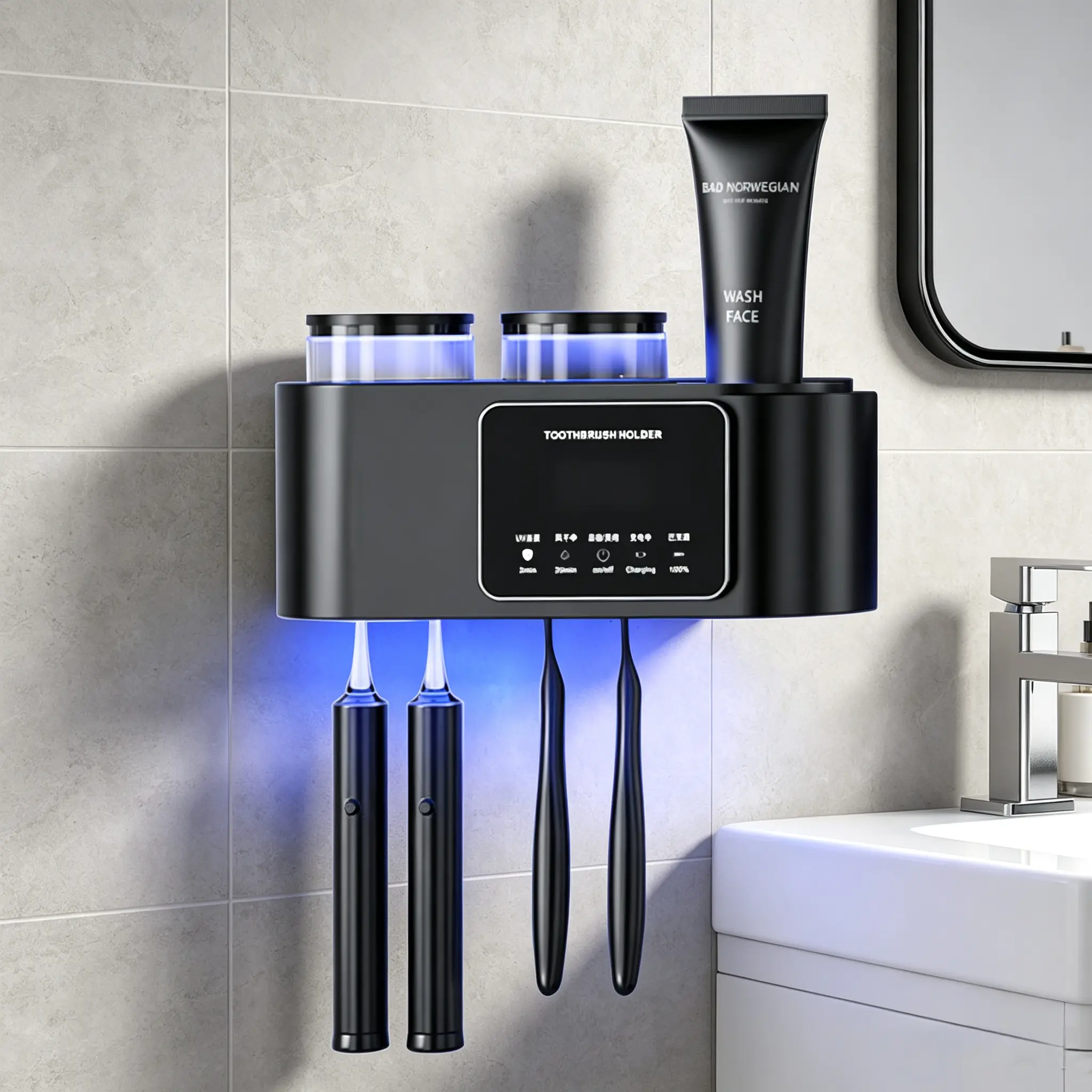 Wall Mounted Toothbrush Holder with 2 Cups, Smart UV Sterilization, Fast Drying, Adhesive Sticky Hook Hold - Portable Toothbrush Holders for Bathroom, Home Supplies Accessory, Uv Sterilization Toothbrush Holders