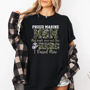 [Sale up to 30%][Made in USA] Women's Soft Cotton Printed Round Neck T-Shirt, Casual Fit, USMC Camo Proud Marine Mom Military Family Graphic, Direct-to-Film T-Shirt, Women's Clothes