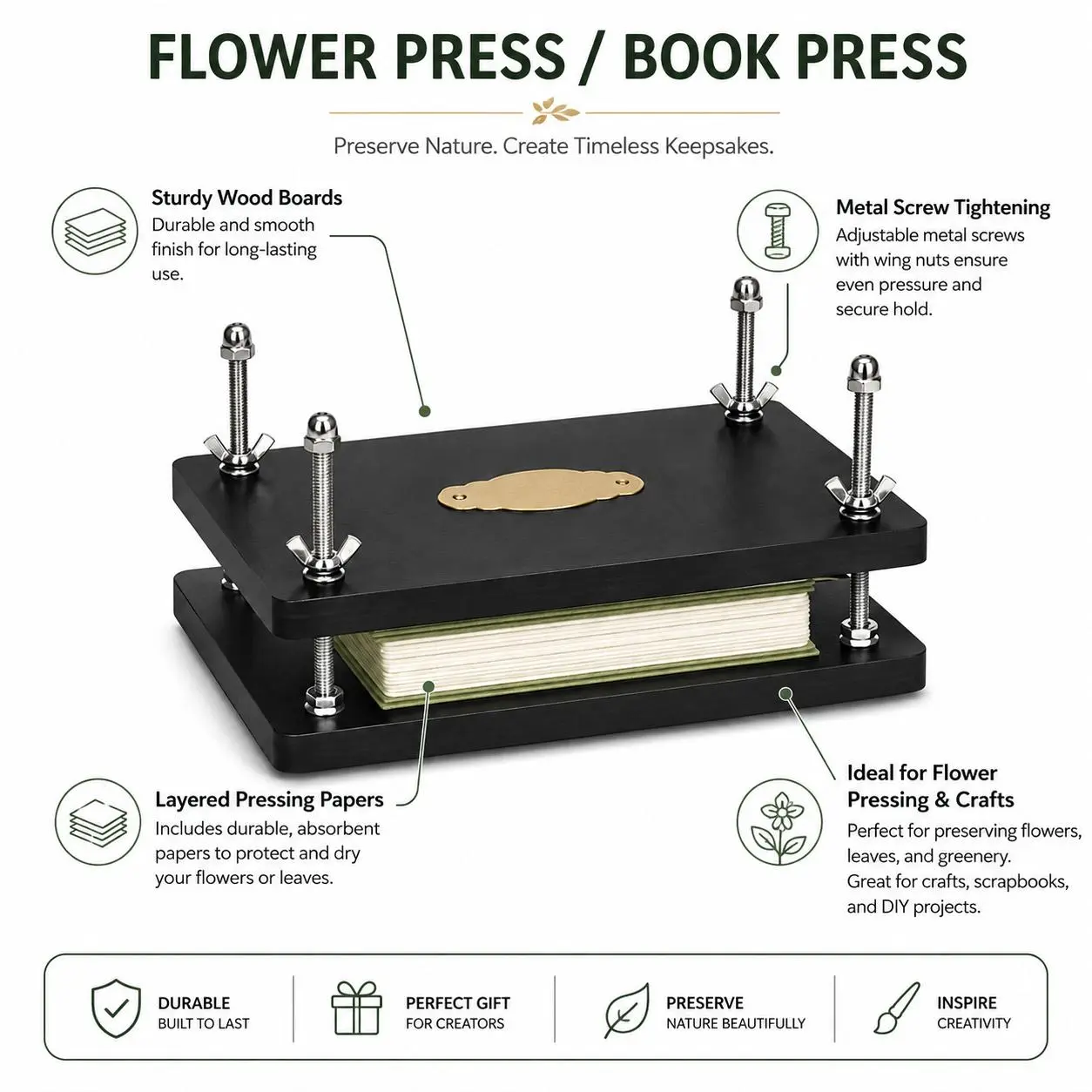 Wooden Flower Press Kit with Adjustable Metal Screws, Botanical Leaf and Flower Press for Crafts, Scrapbooking, Cards and DIY Projects