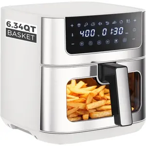 Stainless Steel Air Fryer 6.34QT with Window, 8-in-1 Digital Airfryer with 8 Presets, 400°F Max Temperature, 90-Min Timer, Nonstick Dishwasher-Safe Basket, Auto-Shutoff for Kitchen