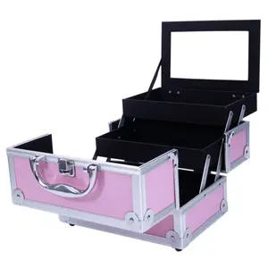 Makeup Train Case Large Portable Cosmetic Case - 6 Tier Trays Professional Makeup Storage Organizer Box Make Up Carrier with Lockable keys - Pink