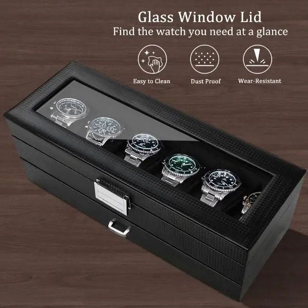 Rectangular Glass Lid Display Watch Box for Men/Women - 6-Slot Organizer with Sunglasses Slot, 2-Layer Storage Case for Rings/Bracelets, Luxury Home Organizer Gift (Black)