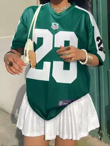 Women's Letter & Number Print V Neck Sports Jersey Tee, Casual Comfy Short Sleeve T-shirt for Summer, Women's Top for Daily Wear, Athletic Fashion Activewear